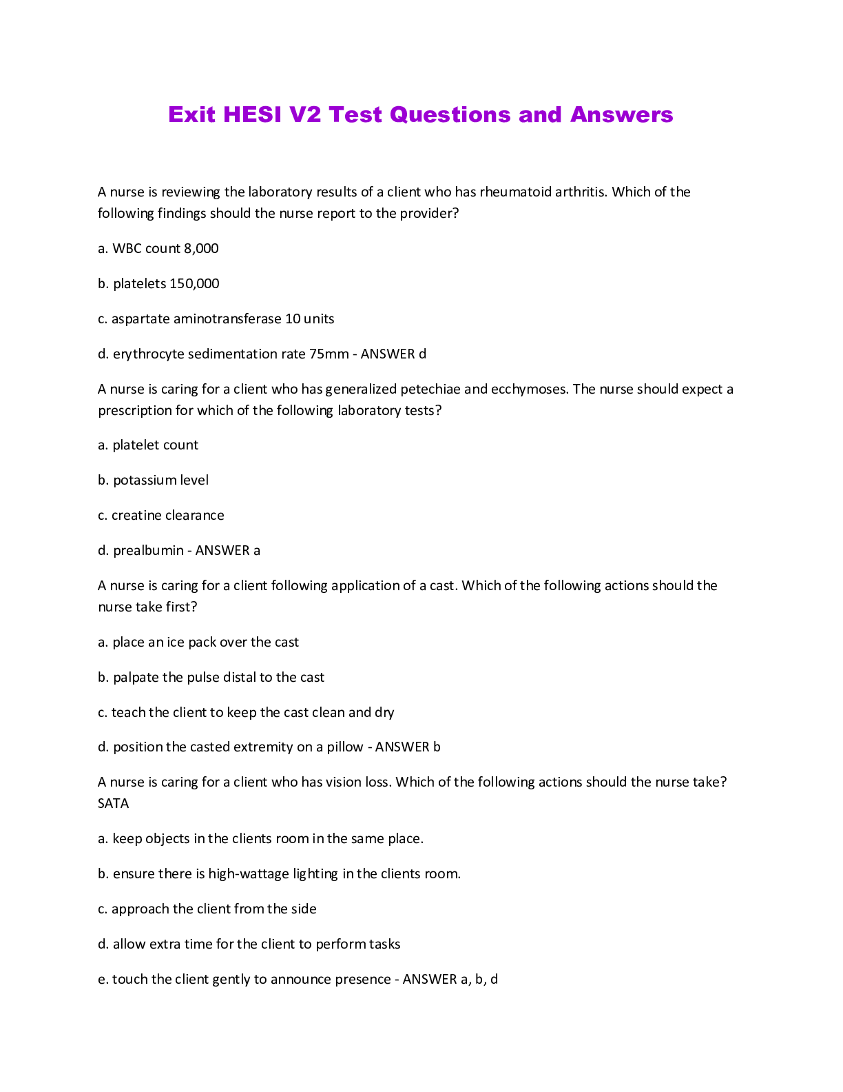 Preview image for Exit HESI V2 Test Questions and Answers